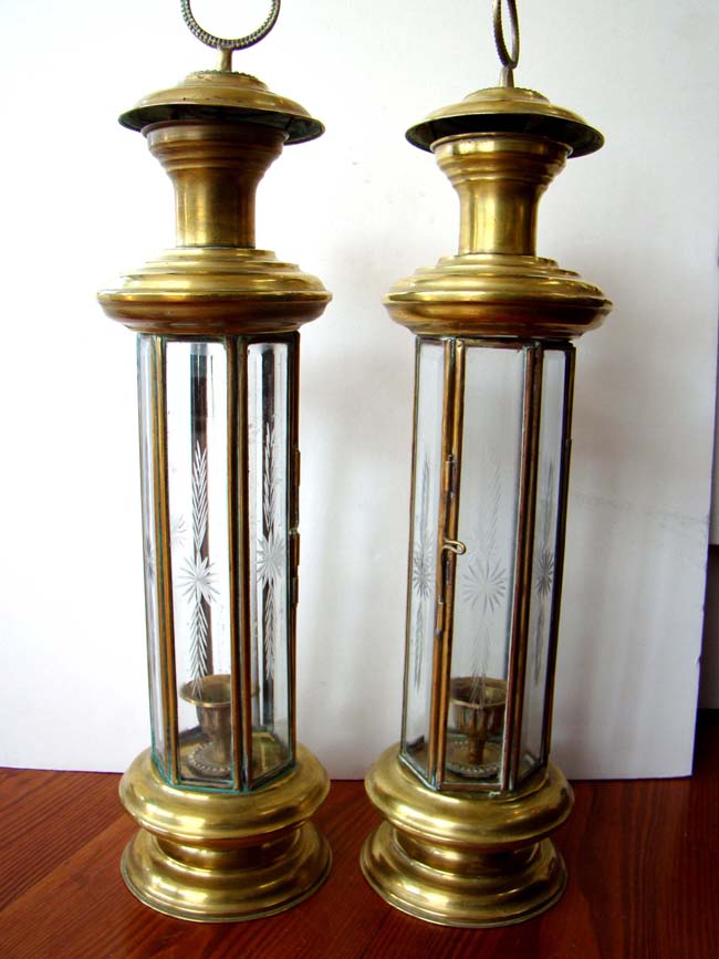 A fine pair of antique Hexagonal brass candle lanterns with etched glass panels circa 1880